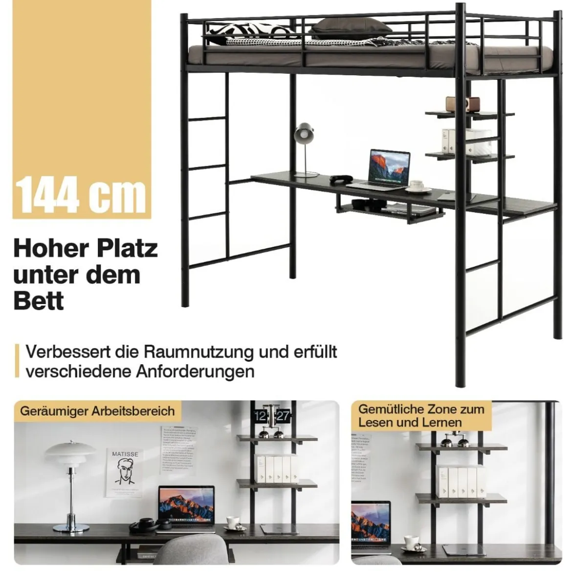 Etagenbettgestell Hochbett aus Metall mit Schreibtisch Leitern und Geländer Schwarz