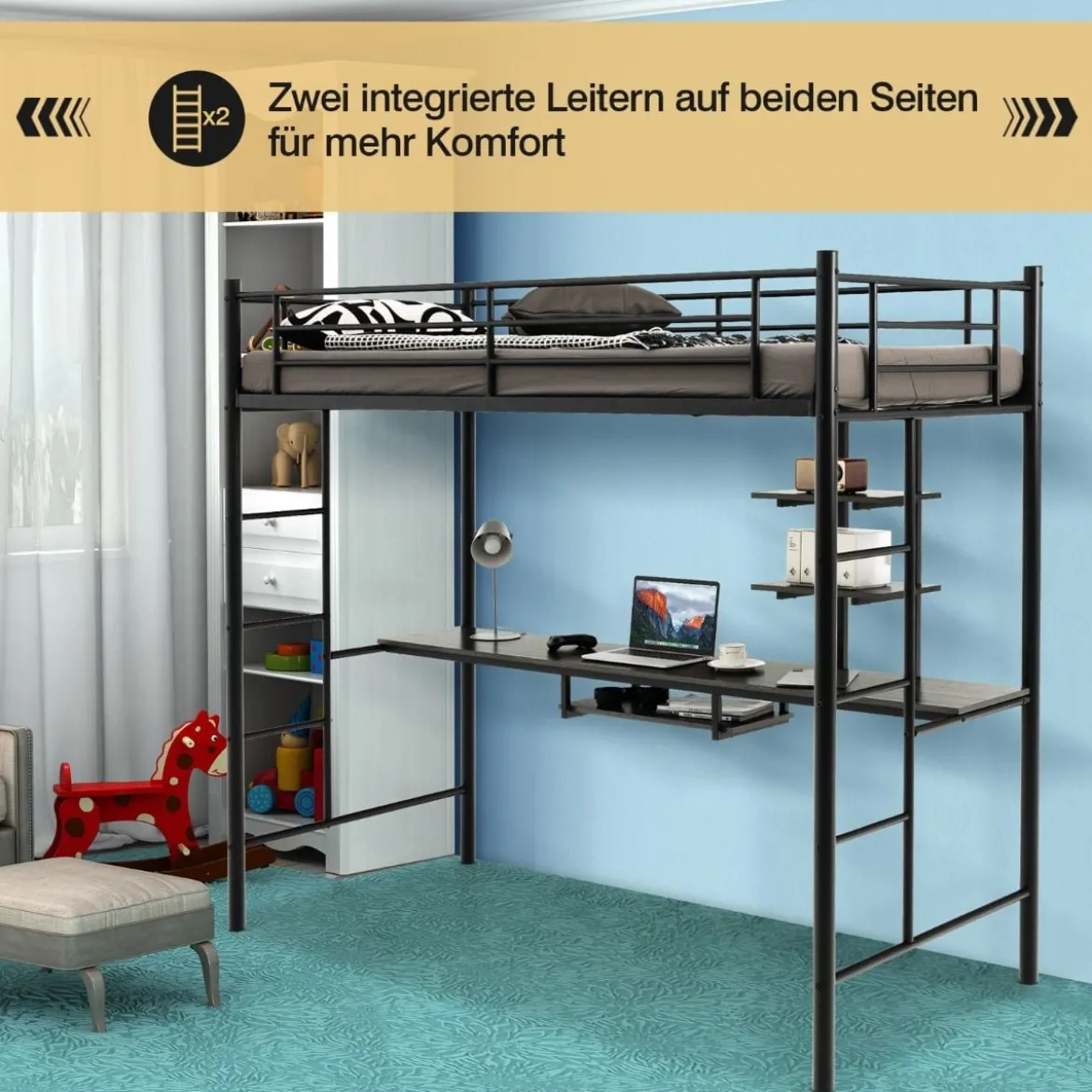 Etagenbettgestell Hochbett aus Metall mit Schreibtisch Leitern und Geländer Schwarz