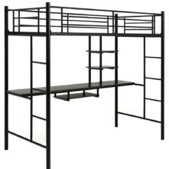Etagenbettgestell Hochbett aus Metall mit Schreibtisch Leitern und Geländer Schwarz