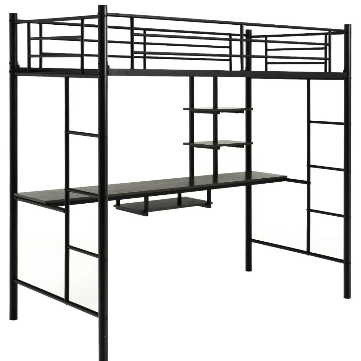 Etagenbettgestell Hochbett aus Metall mit Schreibtisch Leitern und Geländer Schwarz