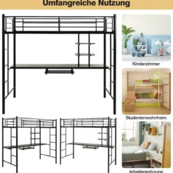 Etagenbettgestell Hochbett aus Metall mit Schreibtisch Leitern und Geländer Schwarz