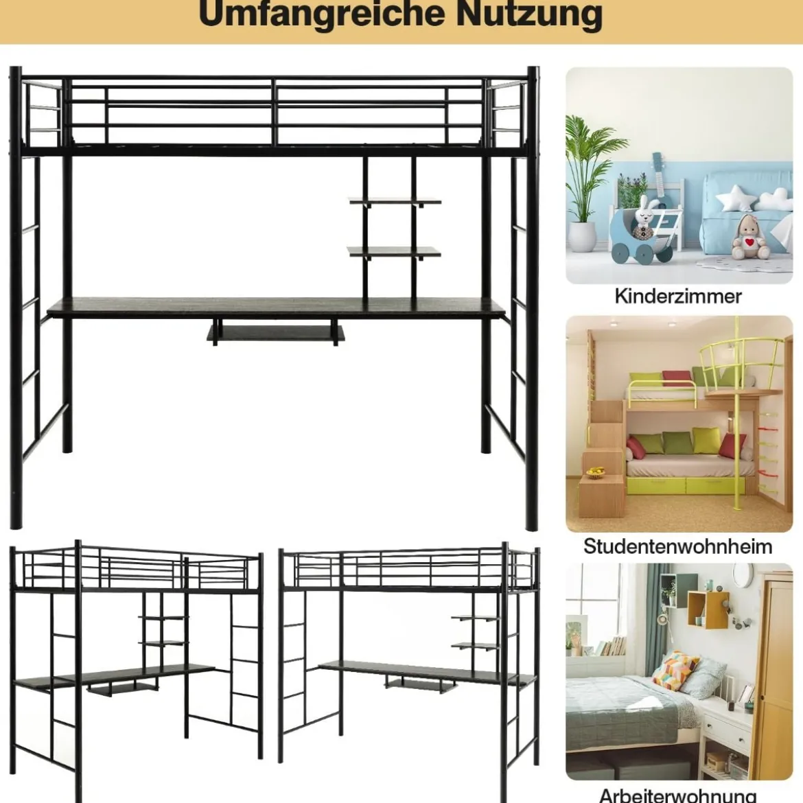 Etagenbettgestell Hochbett aus Metall mit Schreibtisch Leitern und Geländer Schwarz