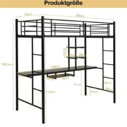 Etagenbettgestell Hochbett aus Metall mit Schreibtisch Leitern und Geländer Schwarz