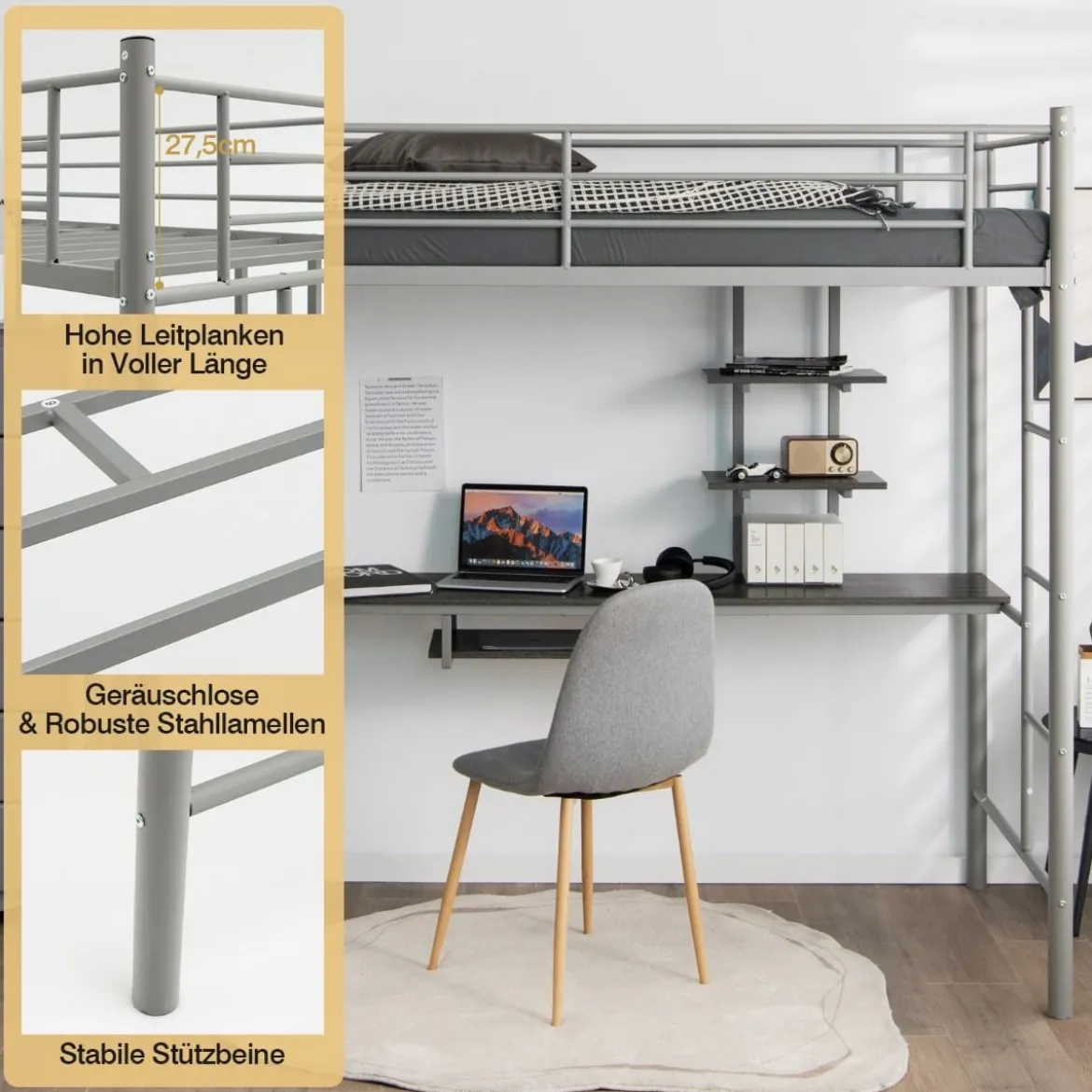 Etagenbettgestell Hochbett aus Metall mit Schreibtisch Leitern und Geländer Silber