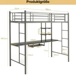 Etagenbettgestell Hochbett aus Metall mit Schreibtisch Leitern und Geländer Silber