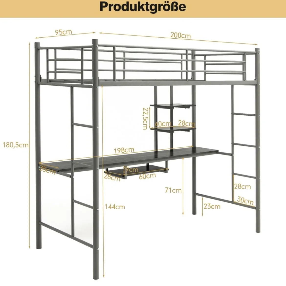 Etagenbettgestell Hochbett aus Metall mit Schreibtisch Leitern und Geländer Silber