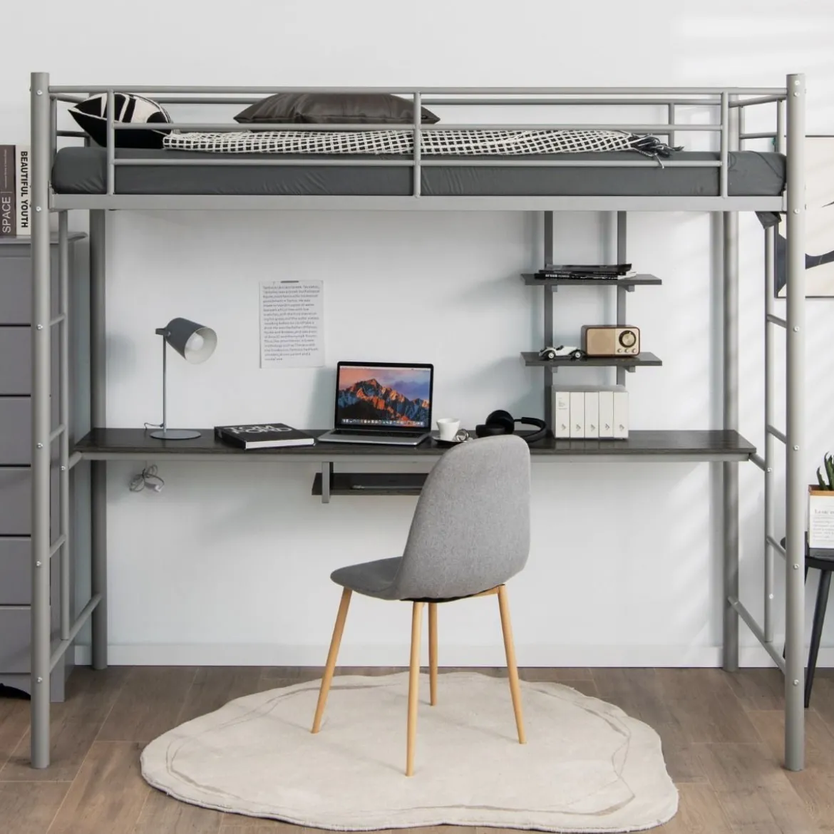 Etagenbettgestell Hochbett aus Metall mit Schreibtisch Leitern und Geländer Silber