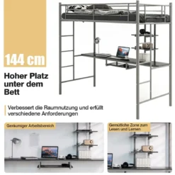 Etagenbettgestell Hochbett aus Metall mit Schreibtisch Leitern und Geländer Silber