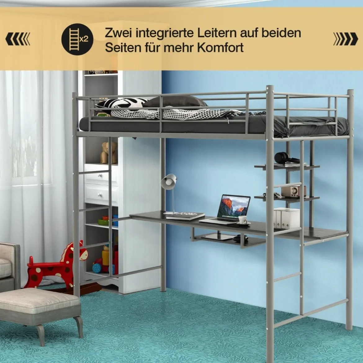 Etagenbettgestell Hochbett aus Metall mit Schreibtisch Leitern und Geländer Silber