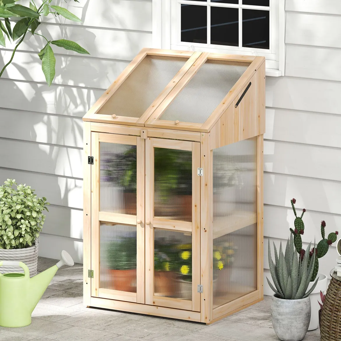 2 Etagen Frühbeet aus Holz & PC Hochbeet wetterfest Gewächshaus mit 2 Türen für Garten Balkon 69 x 58 x 121 cm Natur