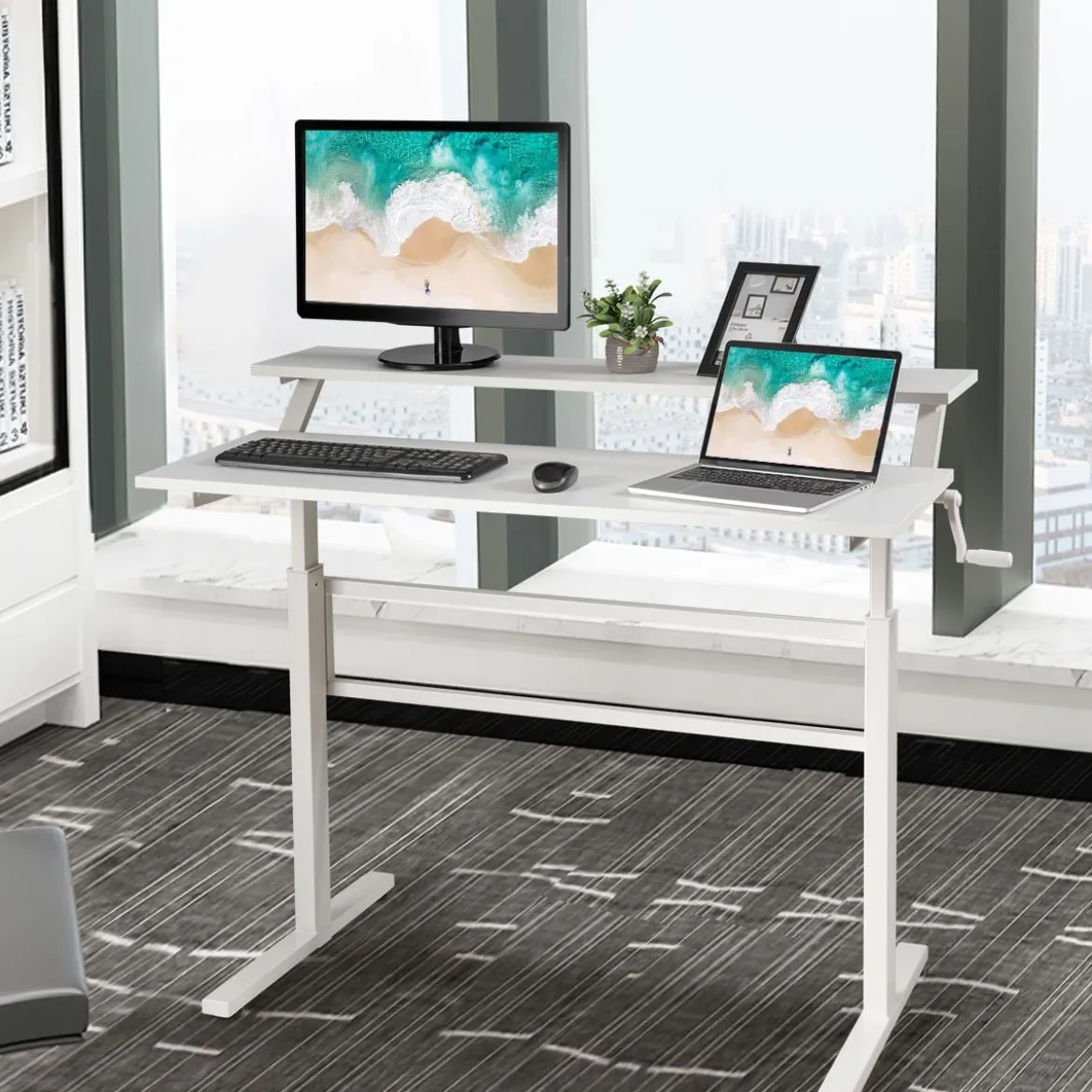 2-Etagen Höhenverstellbarer Ergonomischer Stehtisch Sitz-Steh-Schreibtisch 120 x 60 x 88-126 cm Weiß