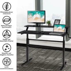 2-Etagen Höhenverstellbarer Sitz-Steh-Schreibtisch Ergonomischer Computertisch 120 x 60 x 88-126 cm Schwarz