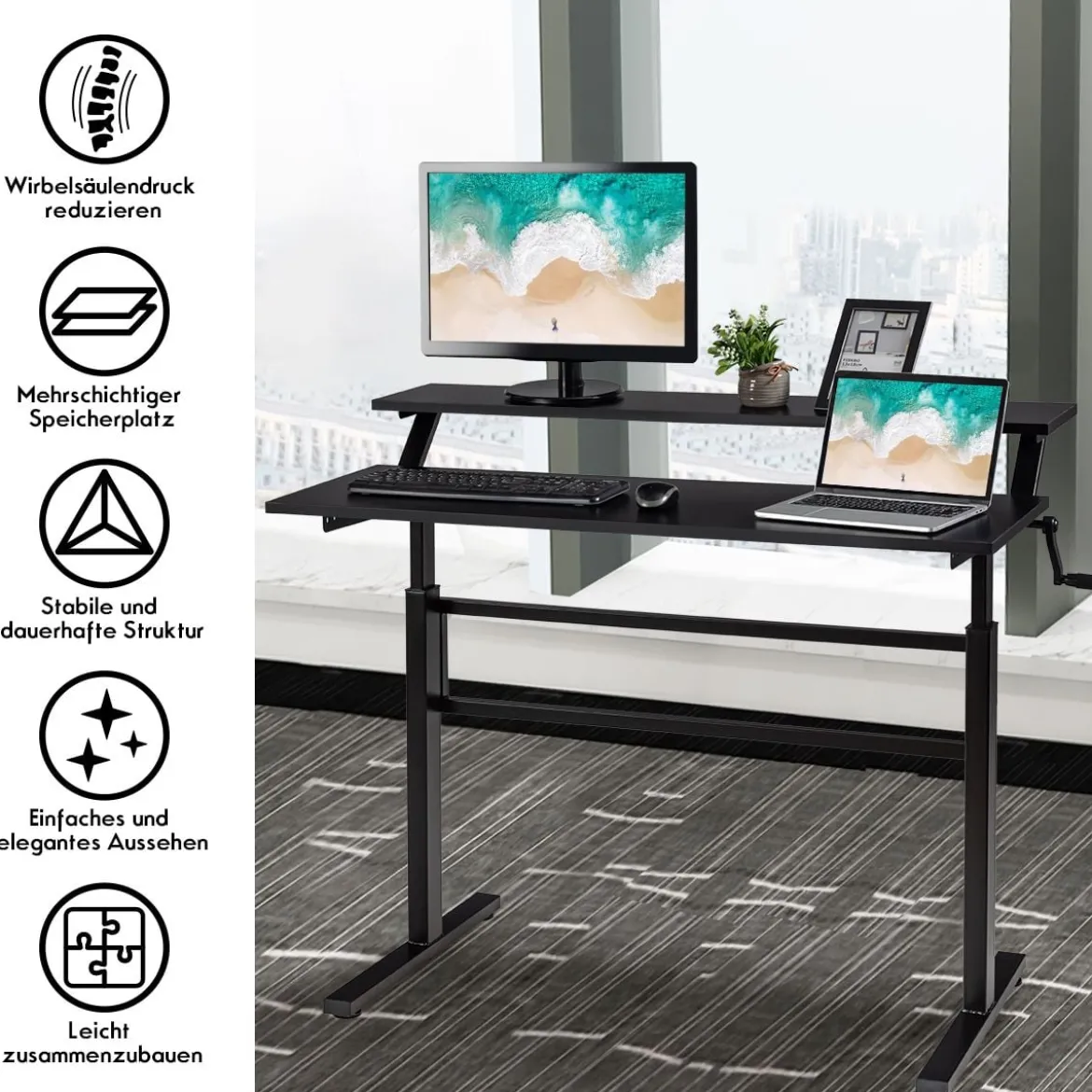 2-Etagen Höhenverstellbarer Sitz-Steh-Schreibtisch Ergonomischer Computertisch 120 x 60 x 88-126 cm Schwarz
