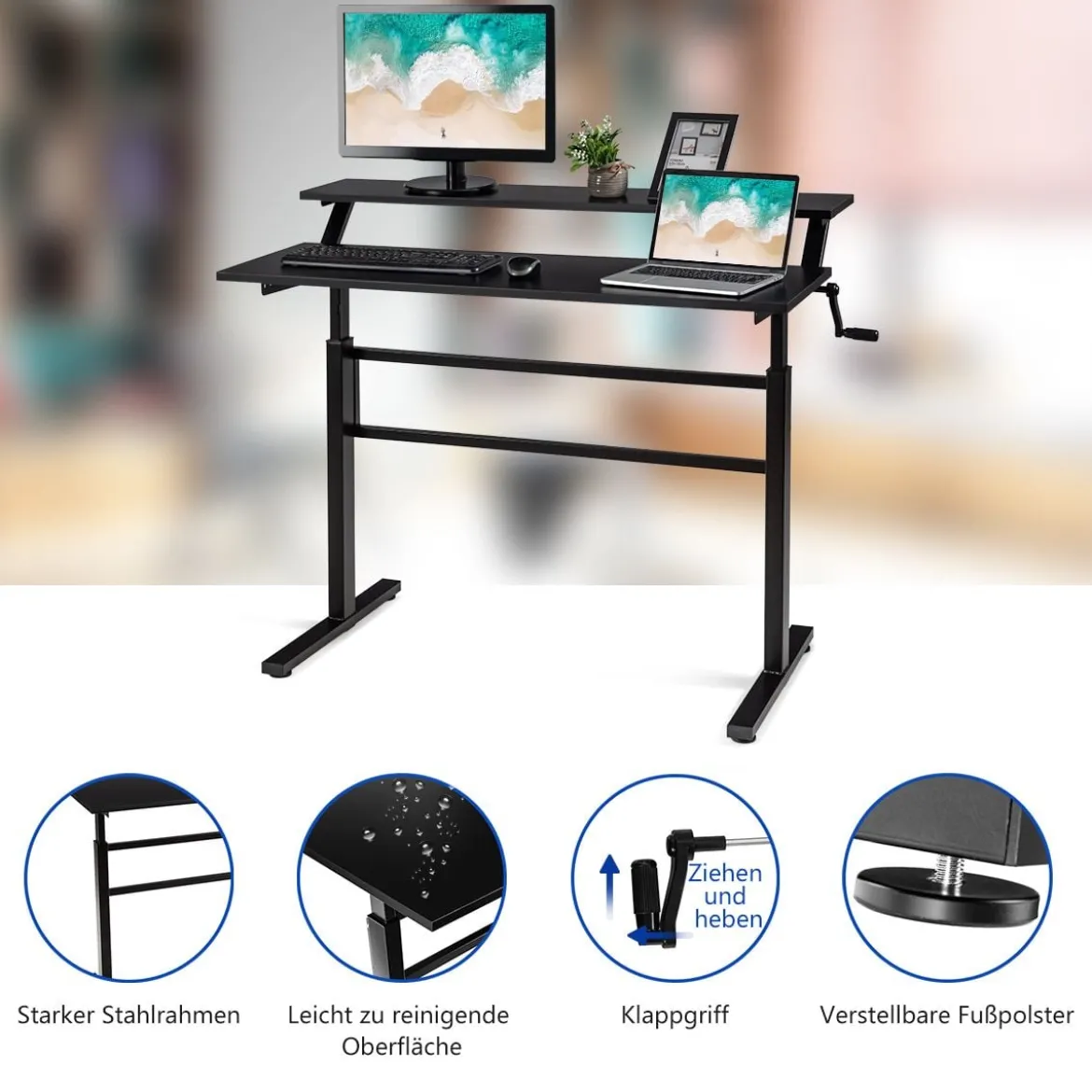 2-Etagen Höhenverstellbarer Sitz-Steh-Schreibtisch Ergonomischer Computertisch 120 x 60 x 88-126 cm Schwarz