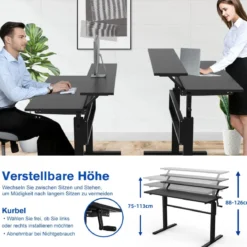 2-Etagen Höhenverstellbarer Sitz-Steh-Schreibtisch Ergonomischer Computertisch 120 x 60 x 88-126 cm Schwarz