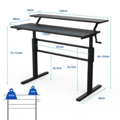 2-Etagen Höhenverstellbarer Sitz-Steh-Schreibtisch Ergonomischer Computertisch 120 x 60 x 88-126 cm Schwarz