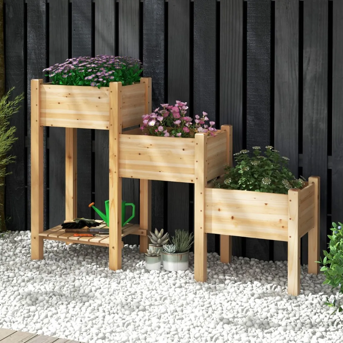 3 Etagen Hochbeet aus Holz mit Entwässerungslöchern Erhöhtes Gartenbeet Natur