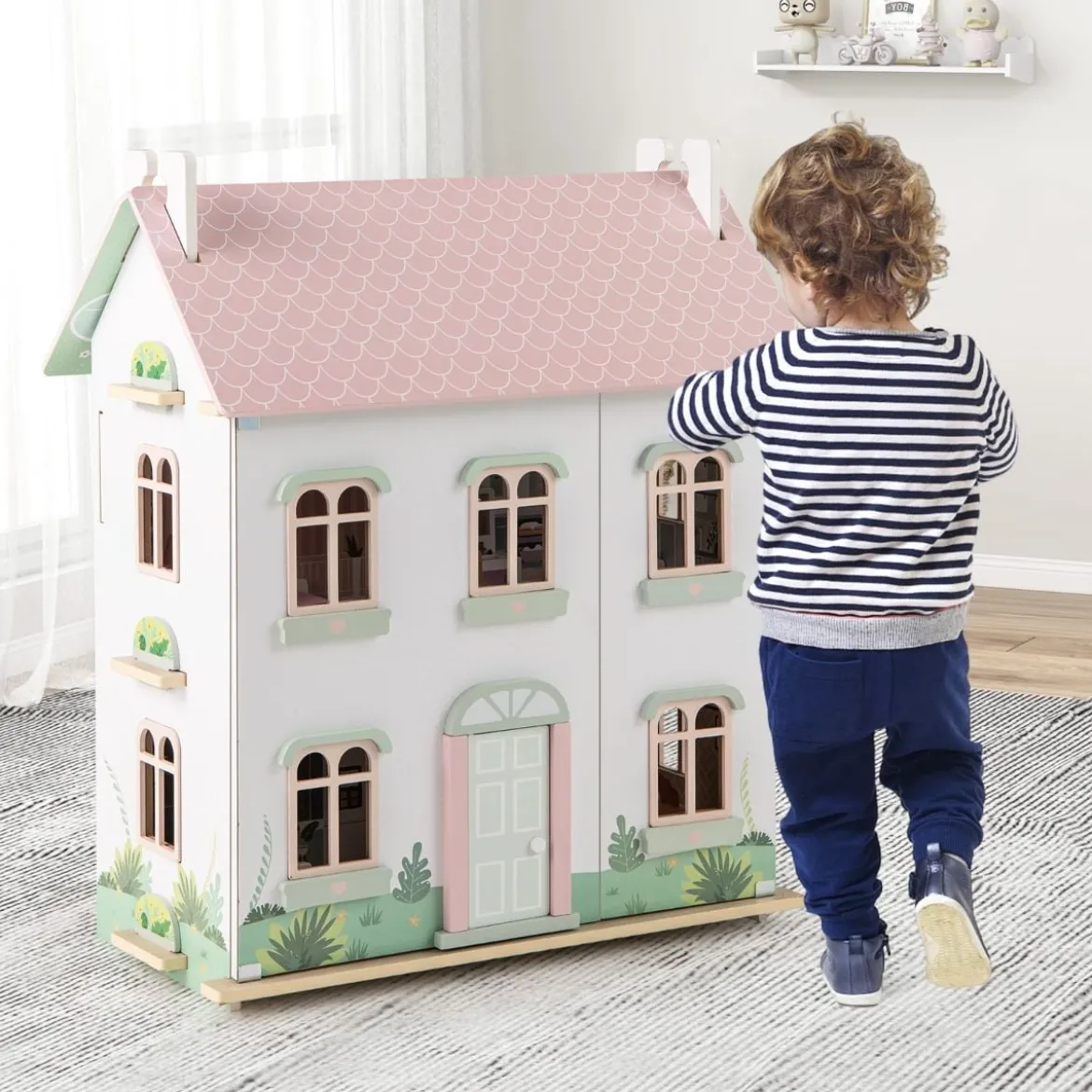 3 Etagen Holz Puppenhaus mit Doppelseitigen Dächern & zu Öffnenden Türen Puppenstube
