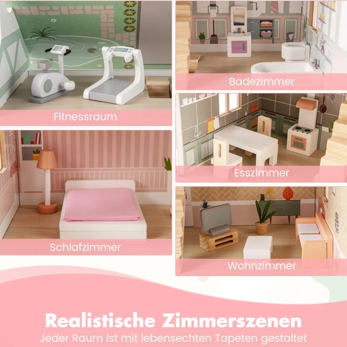 3 Etagen Holz Puppenhaus mit Doppelseitigen Dächern & zu Öffnenden Türen Puppenstube