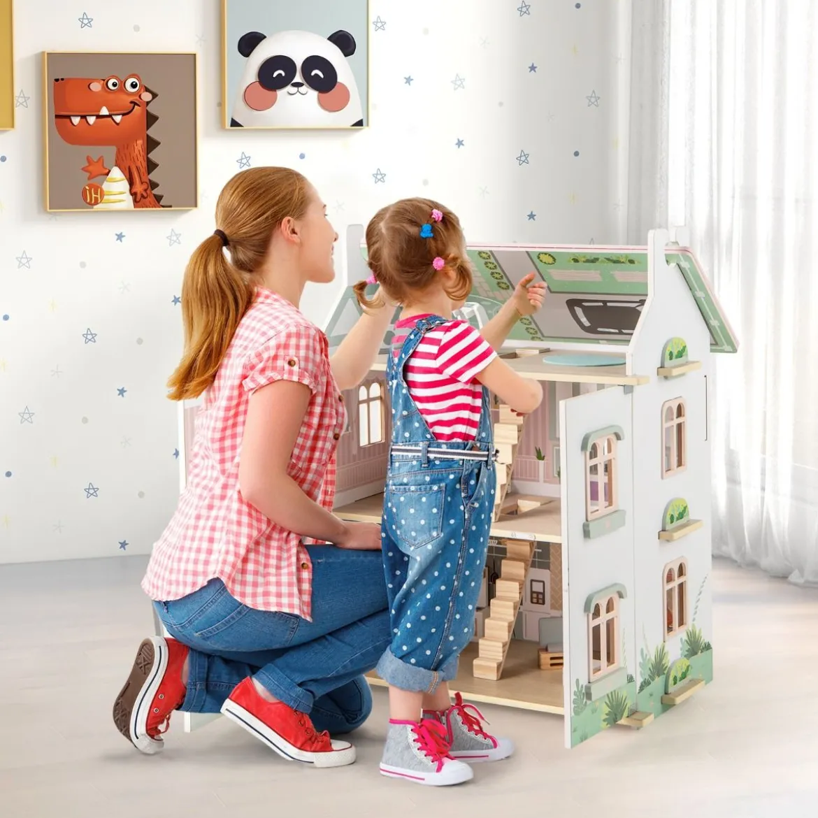 3 Etagen Holz Puppenhaus mit Doppelseitigen Dächern & zu Öffnenden Türen Puppenstube