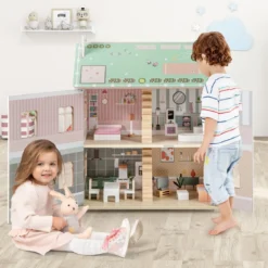 3 Etagen Holz Puppenhaus mit Doppelseitigen Dächern & zu Öffnenden Türen Puppenstube
