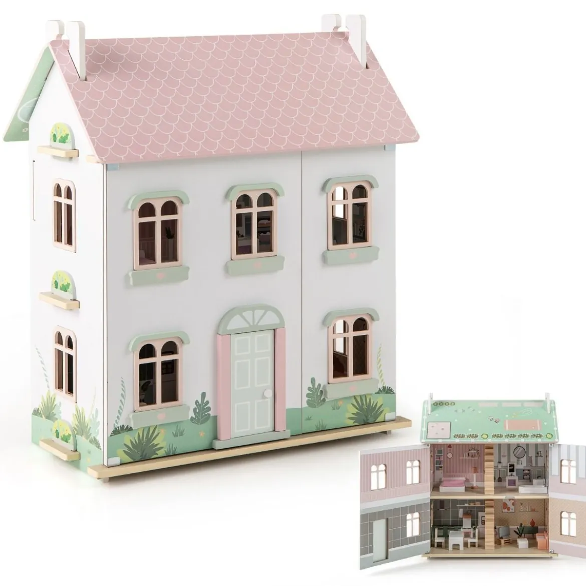 3 Etagen Holz Puppenhaus mit Doppelseitigen Dächern & zu Öffnenden Türen Puppenstube