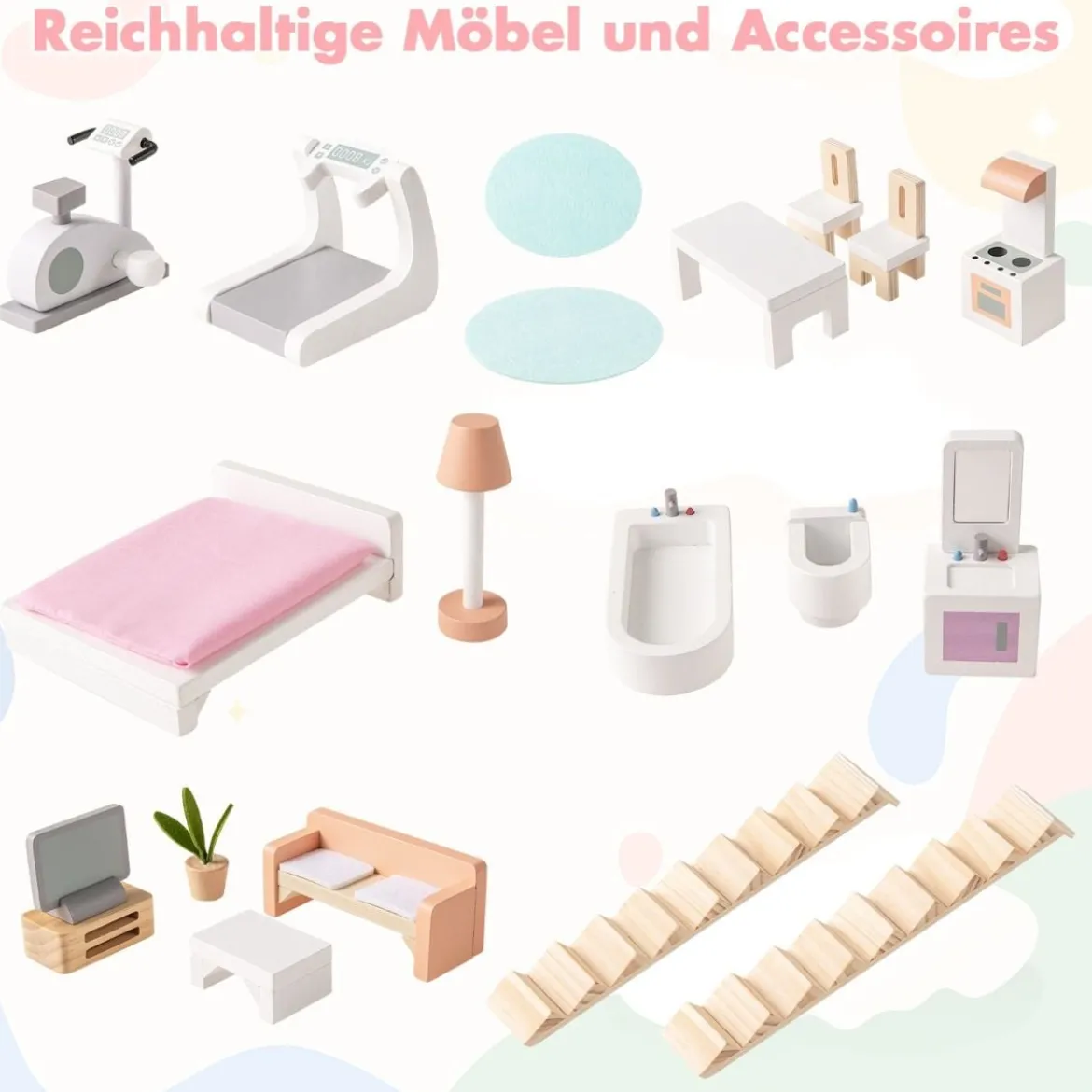 3 Etagen Holz Puppenhaus mit Doppelseitigen Dächern & zu Öffnenden Türen Puppenstube