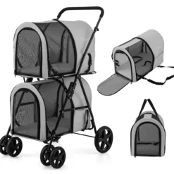 2 Etagen Hundewagen bis 16 kg Hundebuggy mit Netzfenstern Getränkehalter Grau