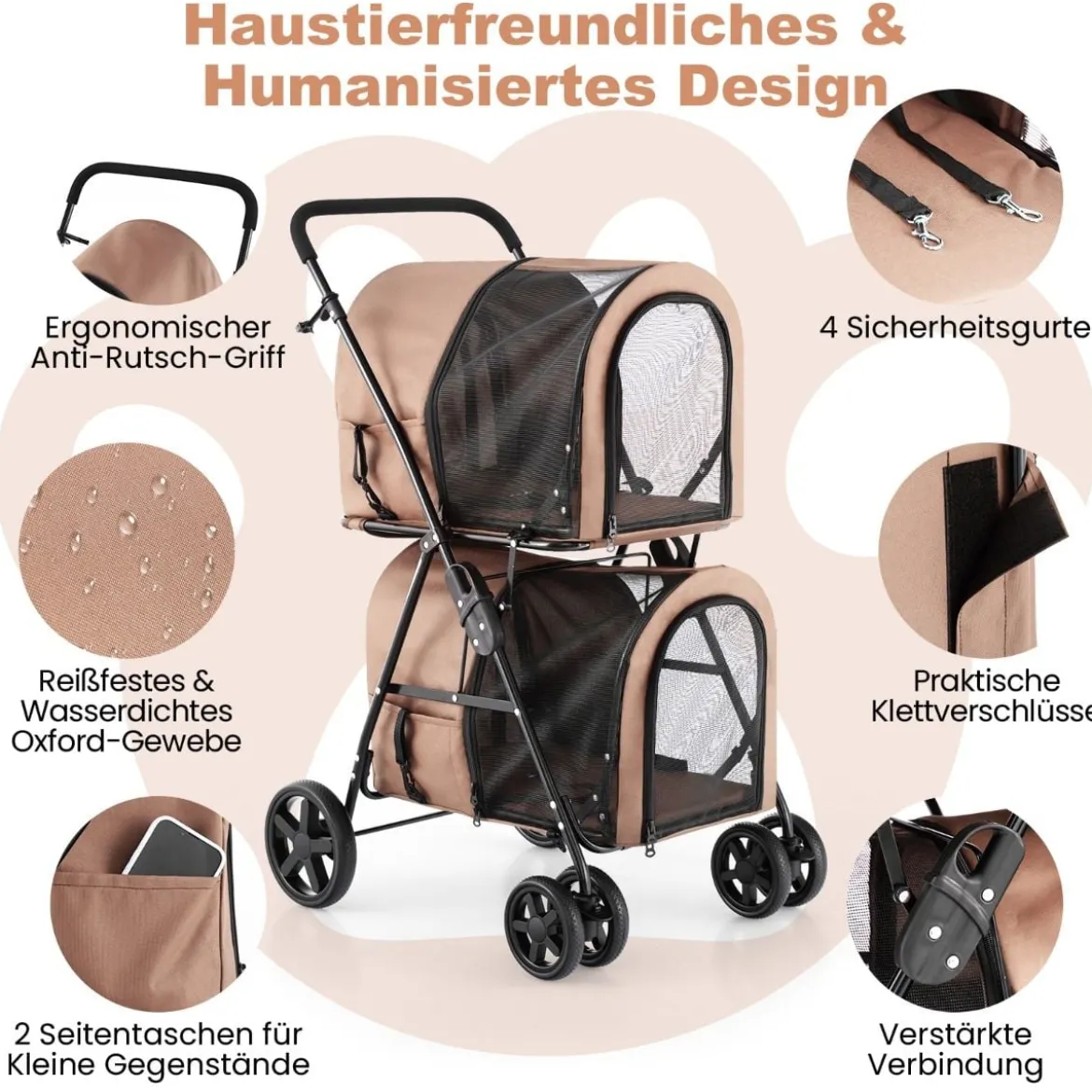 2 Etagen Hundewagen bis 16 kg Hundebuggy mit Netzfenstern Getränkehalter Beige