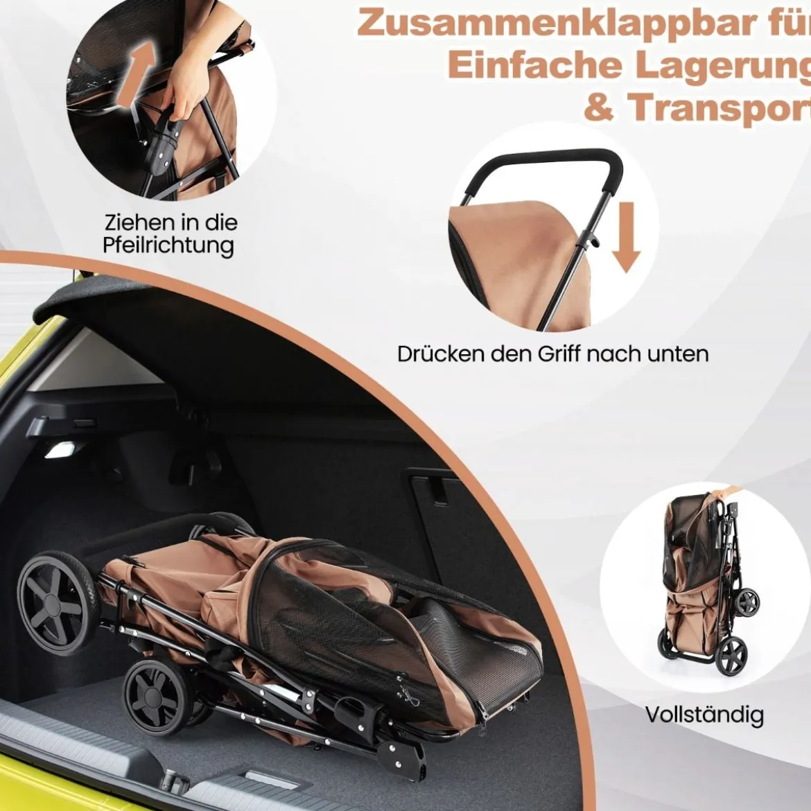 2 Etagen Hundewagen bis 16 kg Hundebuggy mit Netzfenstern Getränkehalter Beige