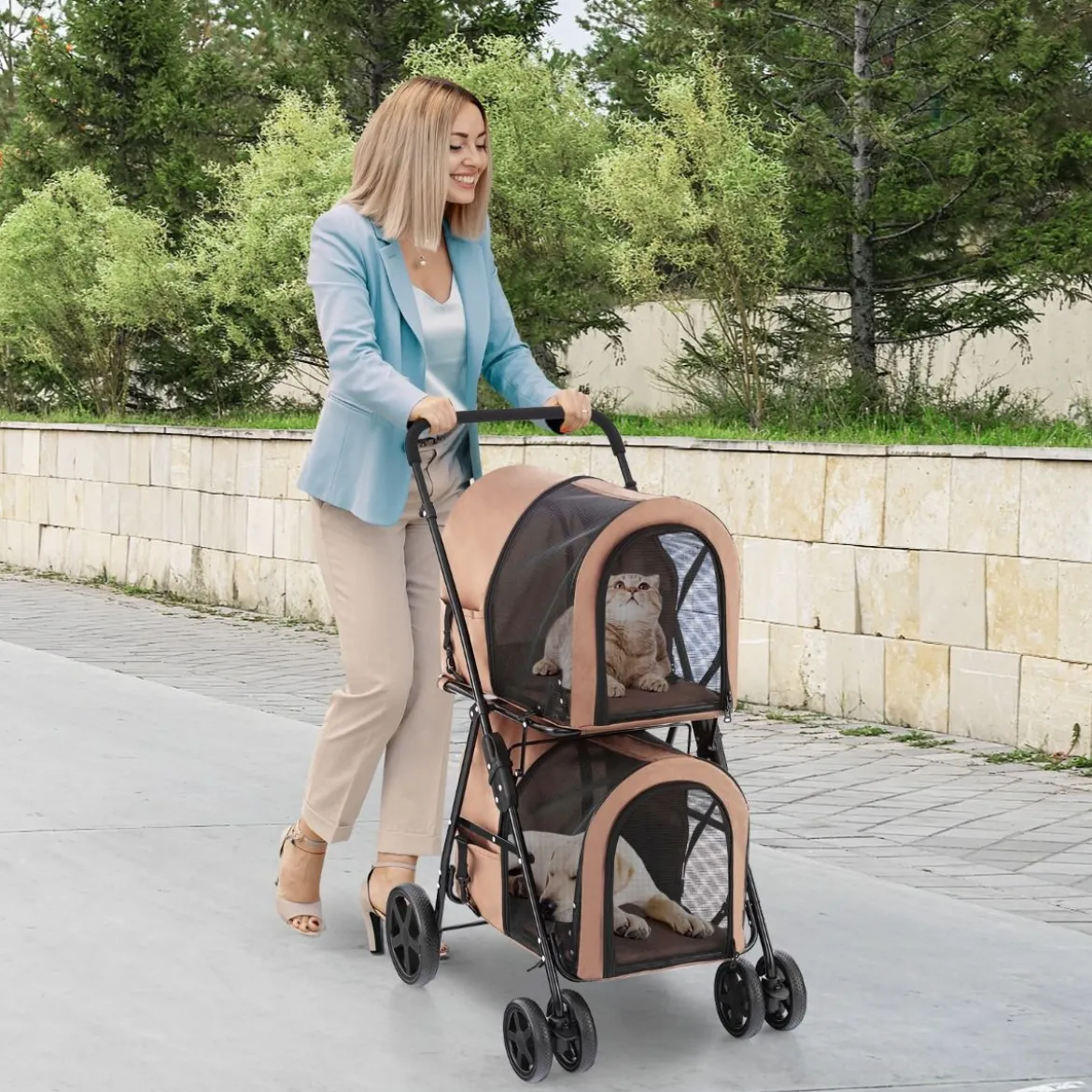 2 Etagen Hundewagen bis 16 kg Hundebuggy mit Netzfenstern Getränkehalter Beige