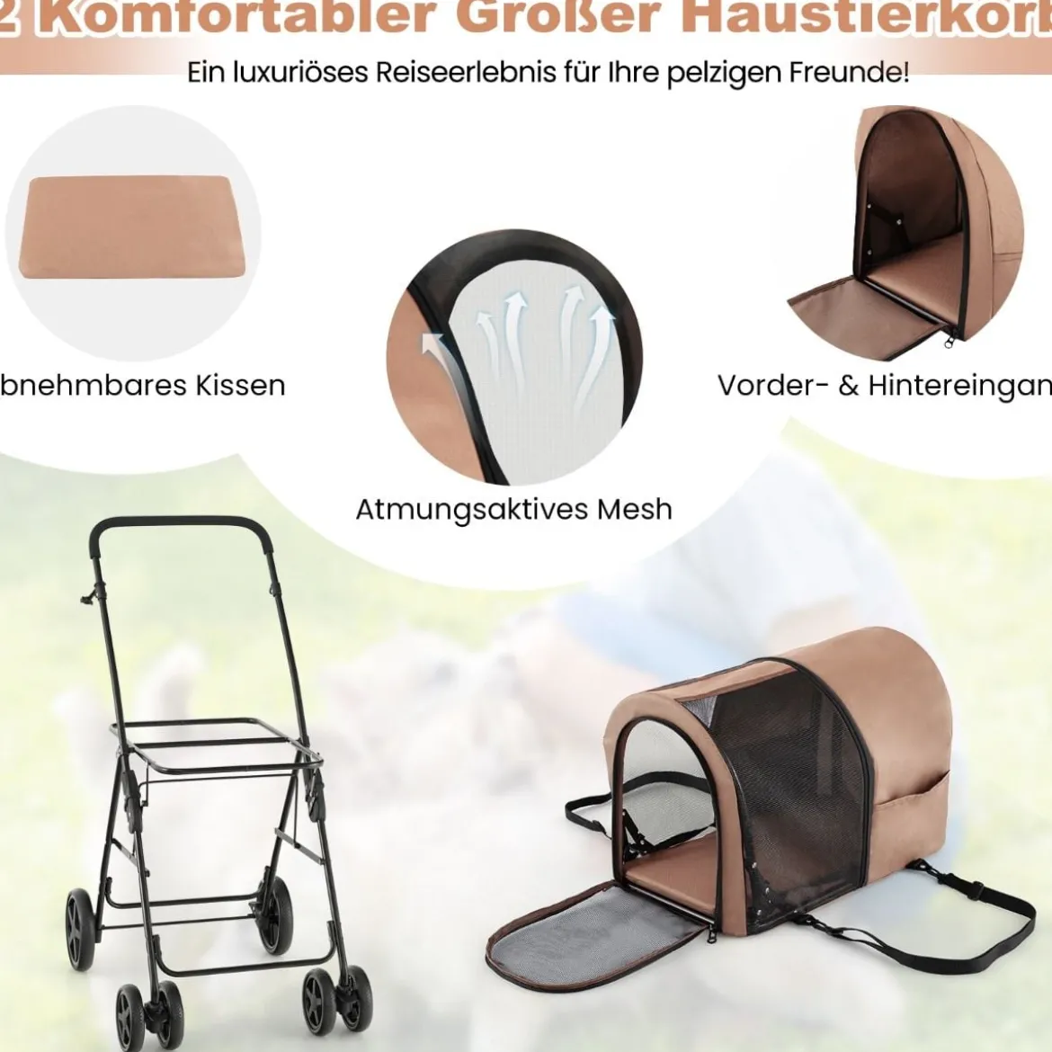 2 Etagen Hundewagen bis 16 kg Hundebuggy mit Netzfenstern Getränkehalter Beige