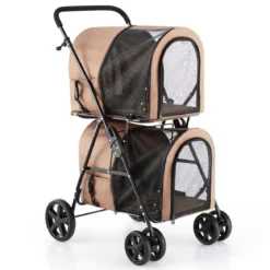 2 Etagen Hundewagen bis 16 kg Hundebuggy mit Netzfenstern Getränkehalter Beige