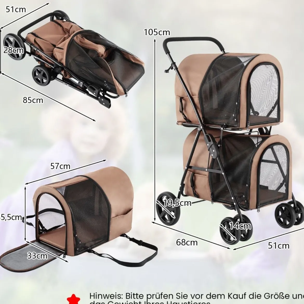 2 Etagen Hundewagen bis 16 kg Hundebuggy mit Netzfenstern Getränkehalter Beige