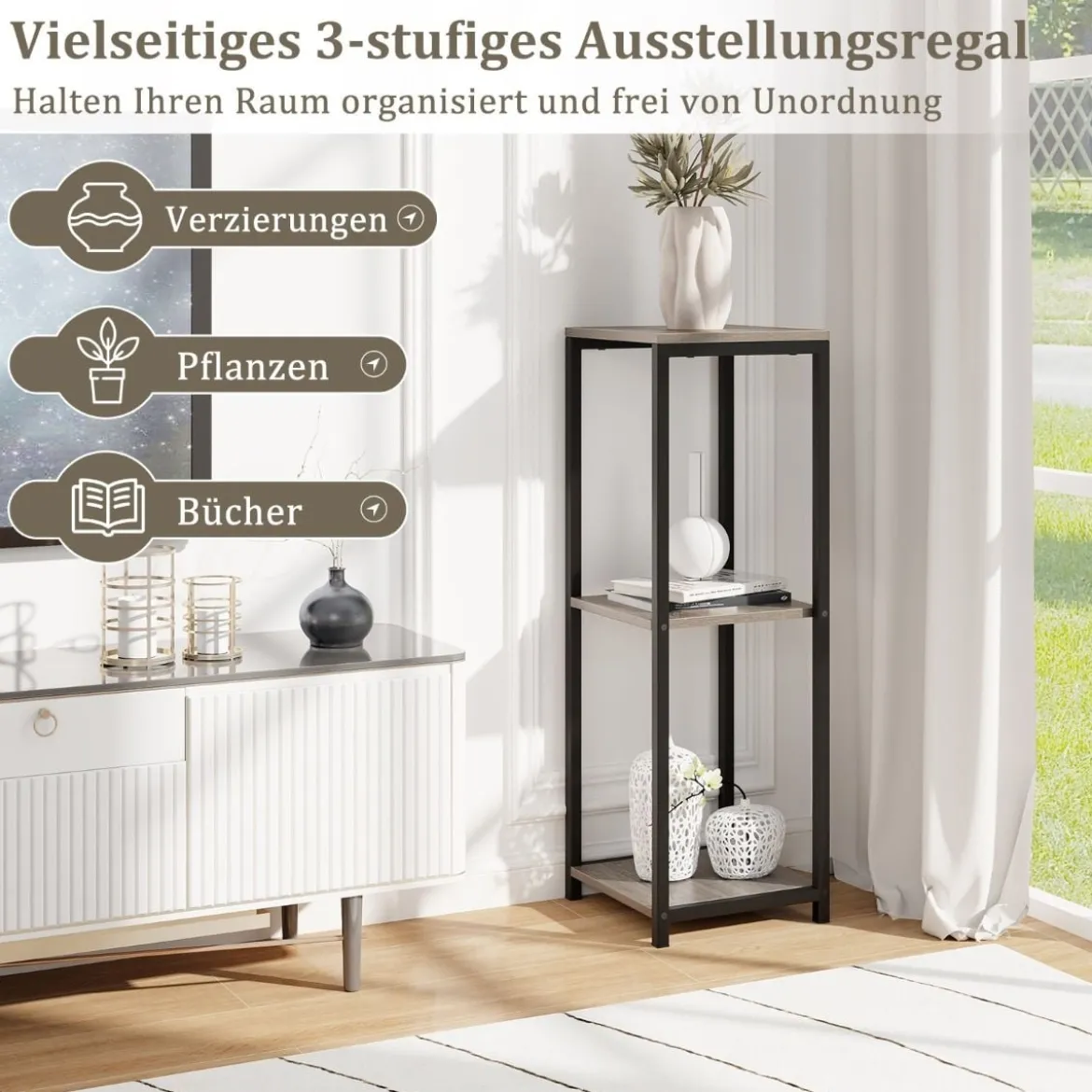 3 Etagen Metall-Pflanzenständer mit Kippsicherung Holz Blumenständer 30,5 x 30,5 x 91,5 cm