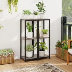 3 Etagen Metall-Pflanzenständer mit Kippsicherung Holz Blumenständer 30,5 x 30,5 x 91,5 cm