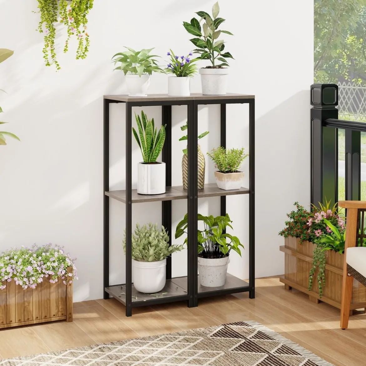 3 Etagen Metall-Pflanzenständer mit Kippsicherung Holz Blumenständer 30,5 x 30,5 x 91,5 cm