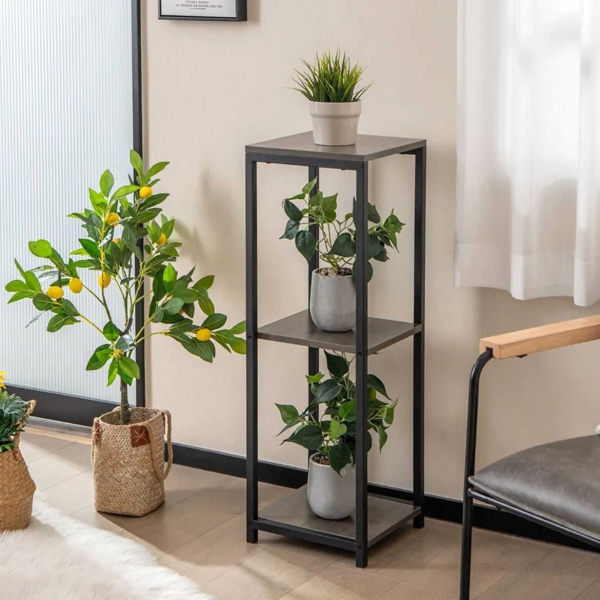 3 Etagen Metall-Pflanzenständer mit Kippsicherung Holz Blumenständer 30,5 x 30,5 x 91,5 cm