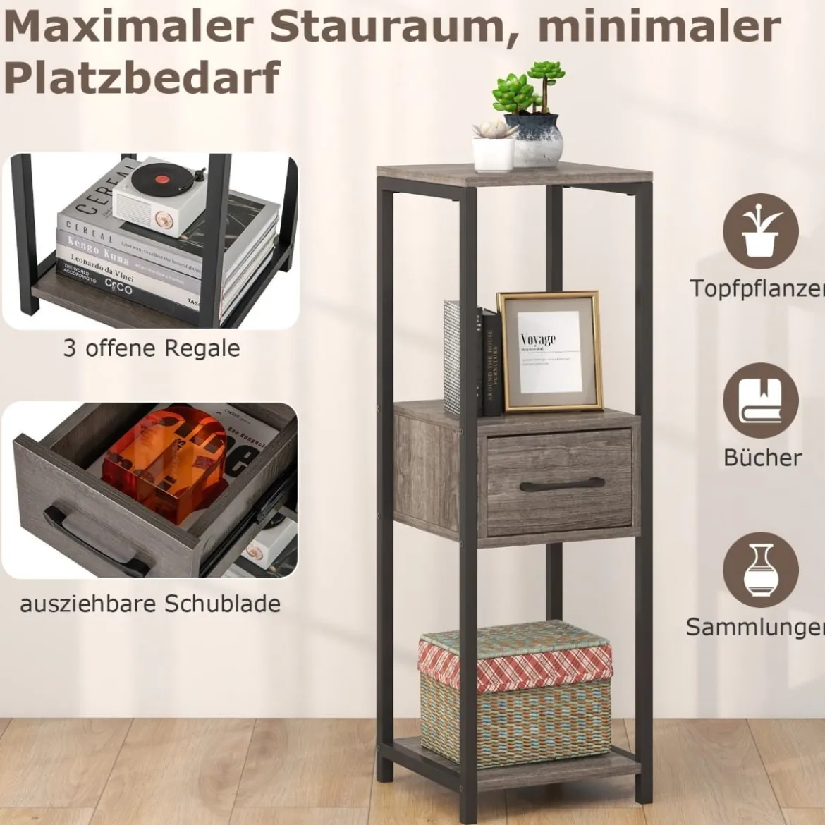 3 Etagen Metall Pflanzenständer Blumenständer mit Schublade 30,5 x 30,5 x 92 cm Grau (1 Pack)