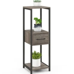 3 Etagen Metall Pflanzenständer Blumenständer mit Schublade 30,5 x 30,5 x 92 cm Grau (1 Pack)