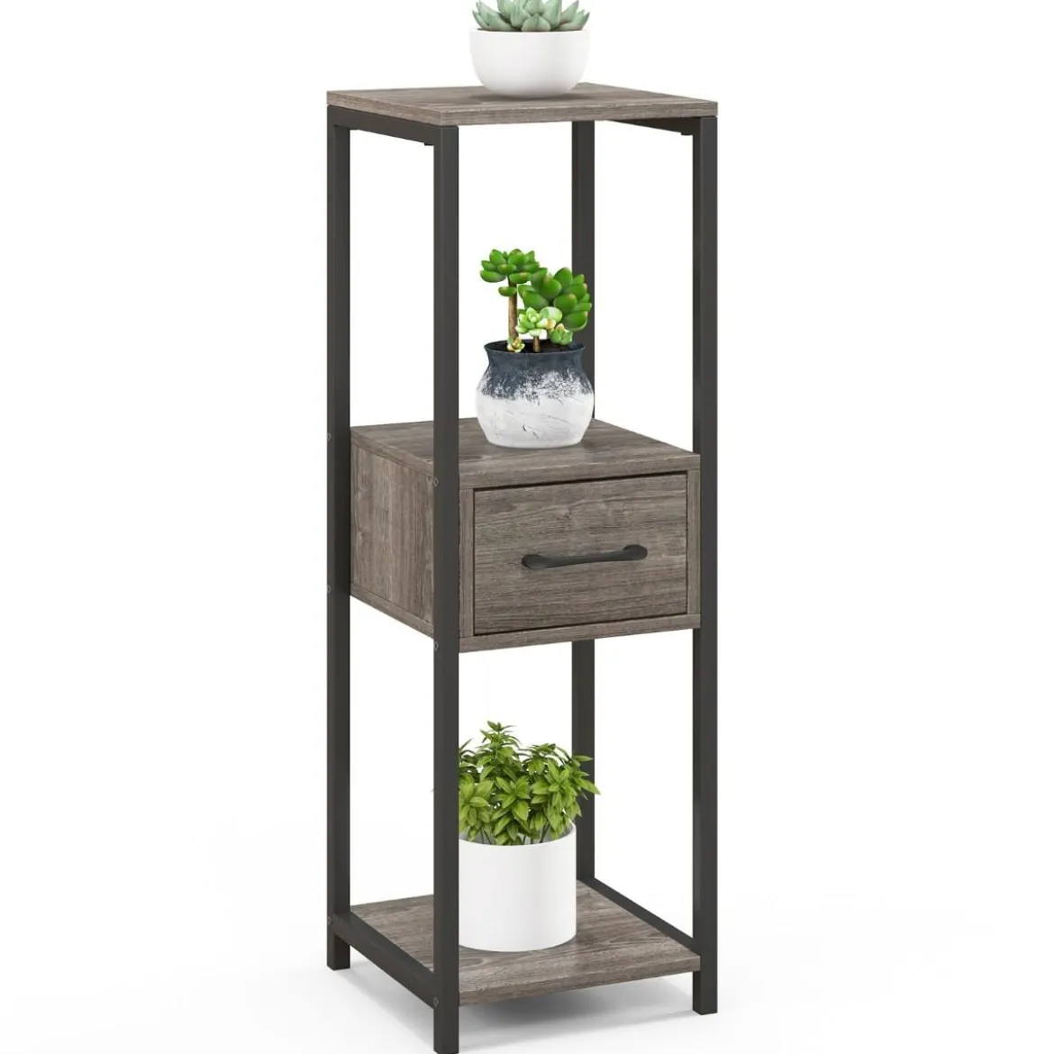 3 Etagen Metall Pflanzenständer Blumenständer mit Schublade 30,5 x 30,5 x 92 cm Grau (1 Pack)