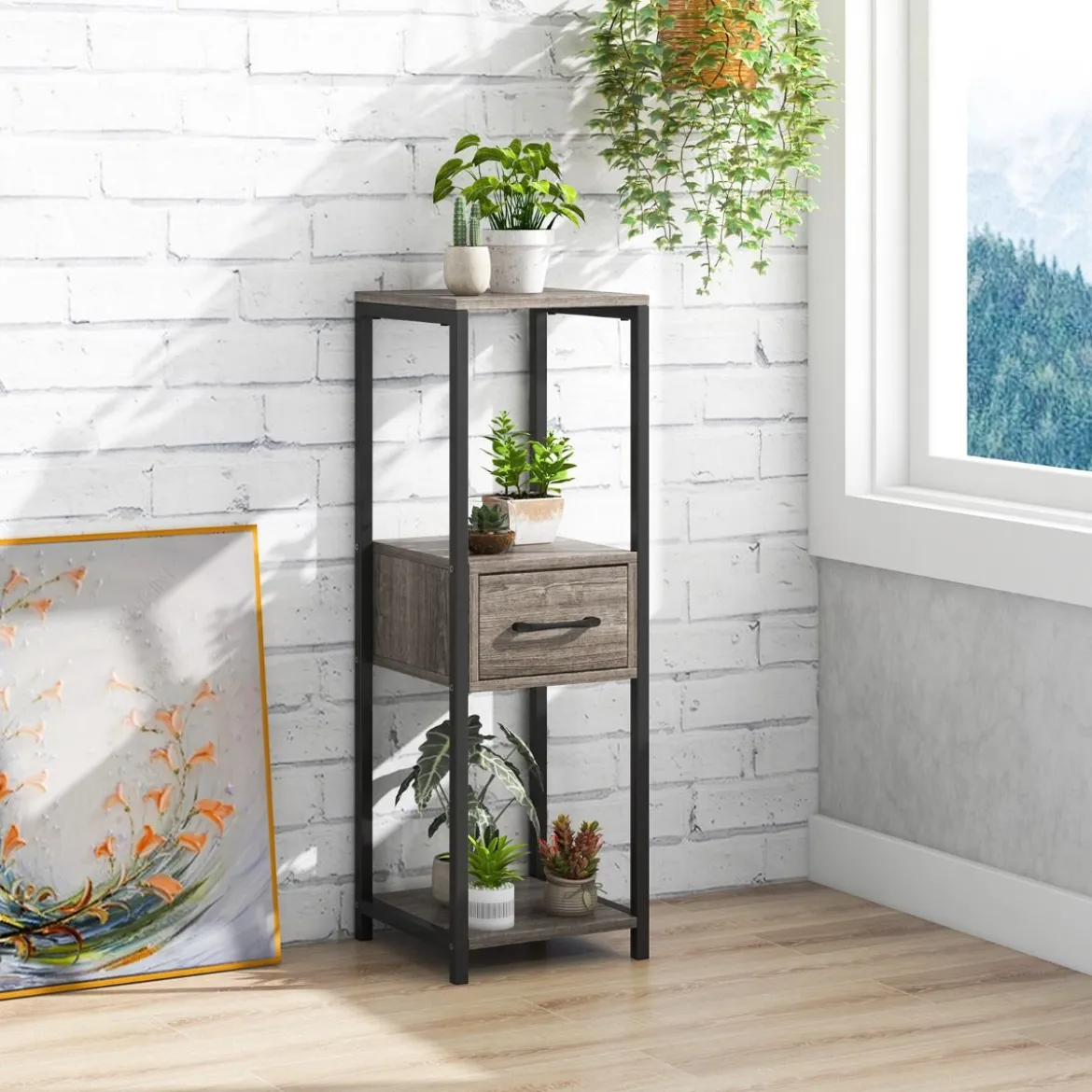 3 Etagen Metall Pflanzenständer Blumenständer mit Schublade 30,5 x 30,5 x 92 cm Grau (1 Pack)