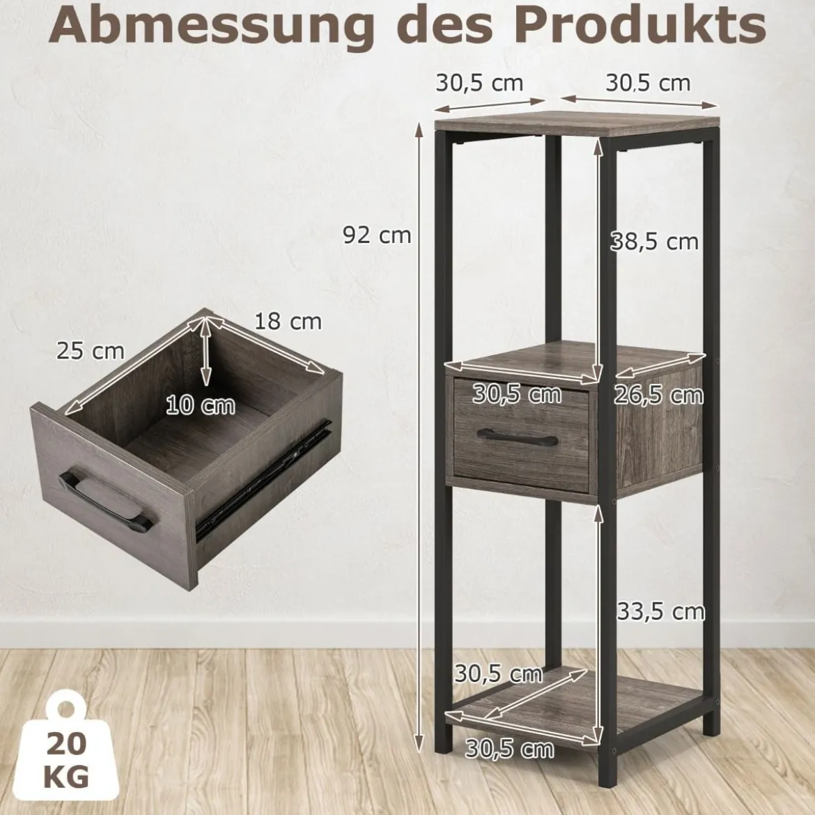 3 Etagen Metall Pflanzenständer Blumenständer mit Schublade 30,5 x 30,5 x 92 cm Grau (1 Pack)