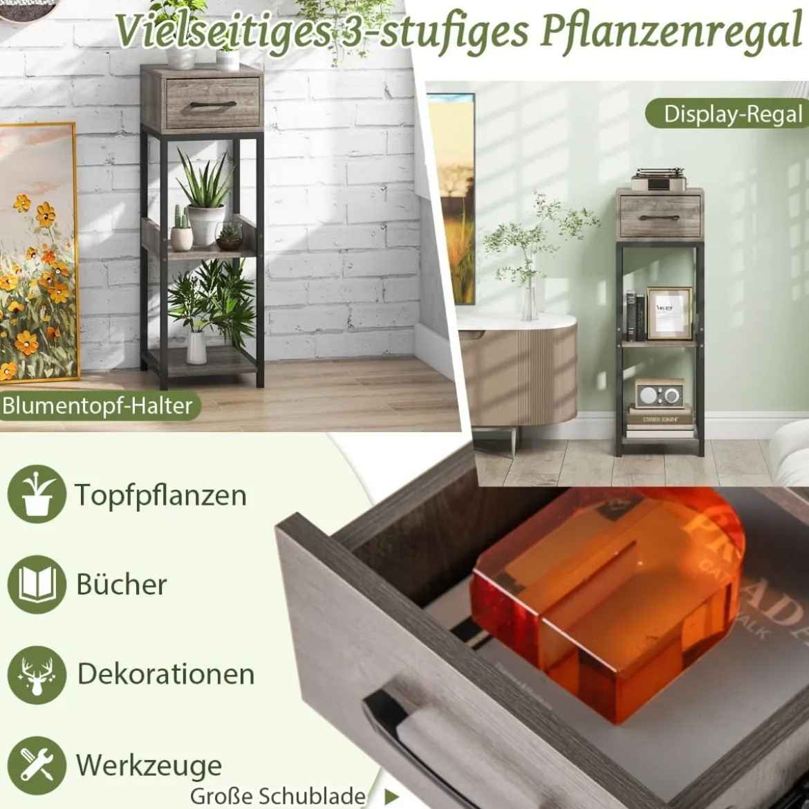 3 Etagen Metall-Pflanzenständer Blumenständer mit Schublade Holz 30,5 x 30,5 x 92 cm (1 Pack)