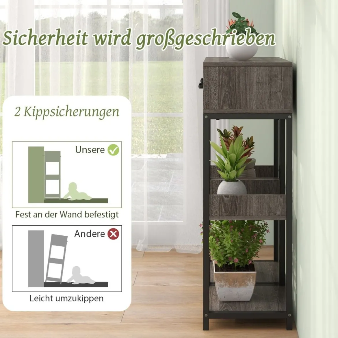 3 Etagen Metall-Pflanzenständer Blumenständer mit Schublade Holz 30,5 x 30,5 x 92 cm (1 Pack)