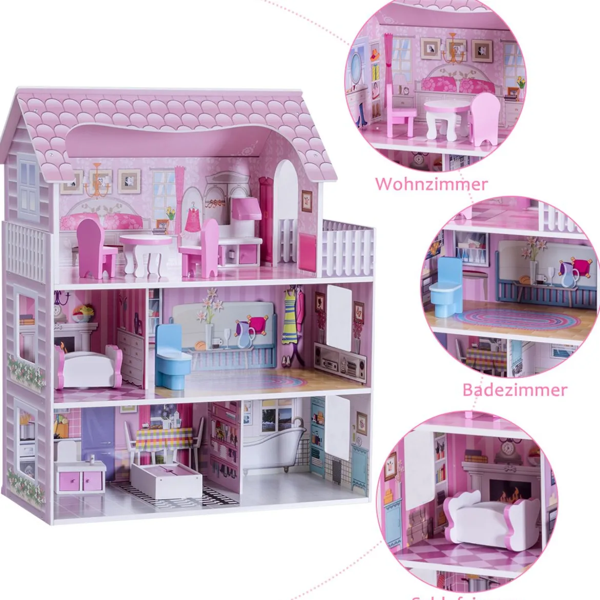 3 Etagen Puppenhaus aus Holz Puppenstube mit Möbeln & Zubehör Puppenvilla Mädchen Rosa