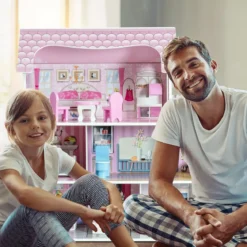 3 Etagen Puppenhaus aus Holz Puppenstube mit Möbeln & Zubehör Puppenvilla Mädchen Rosa
