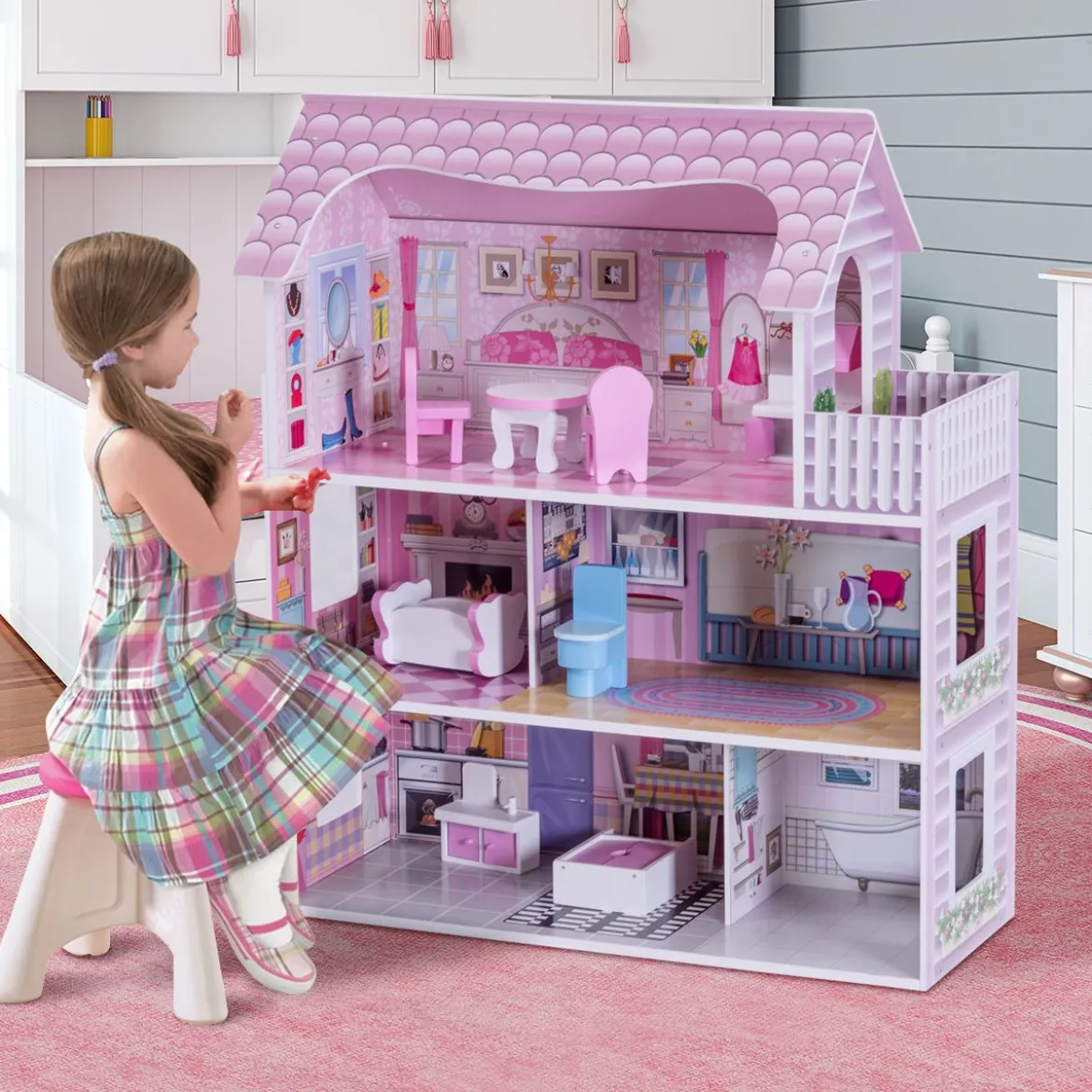 3 Etagen Puppenhaus aus Holz Puppenstube mit Möbeln & Zubehör Puppenvilla Mädchen Rosa