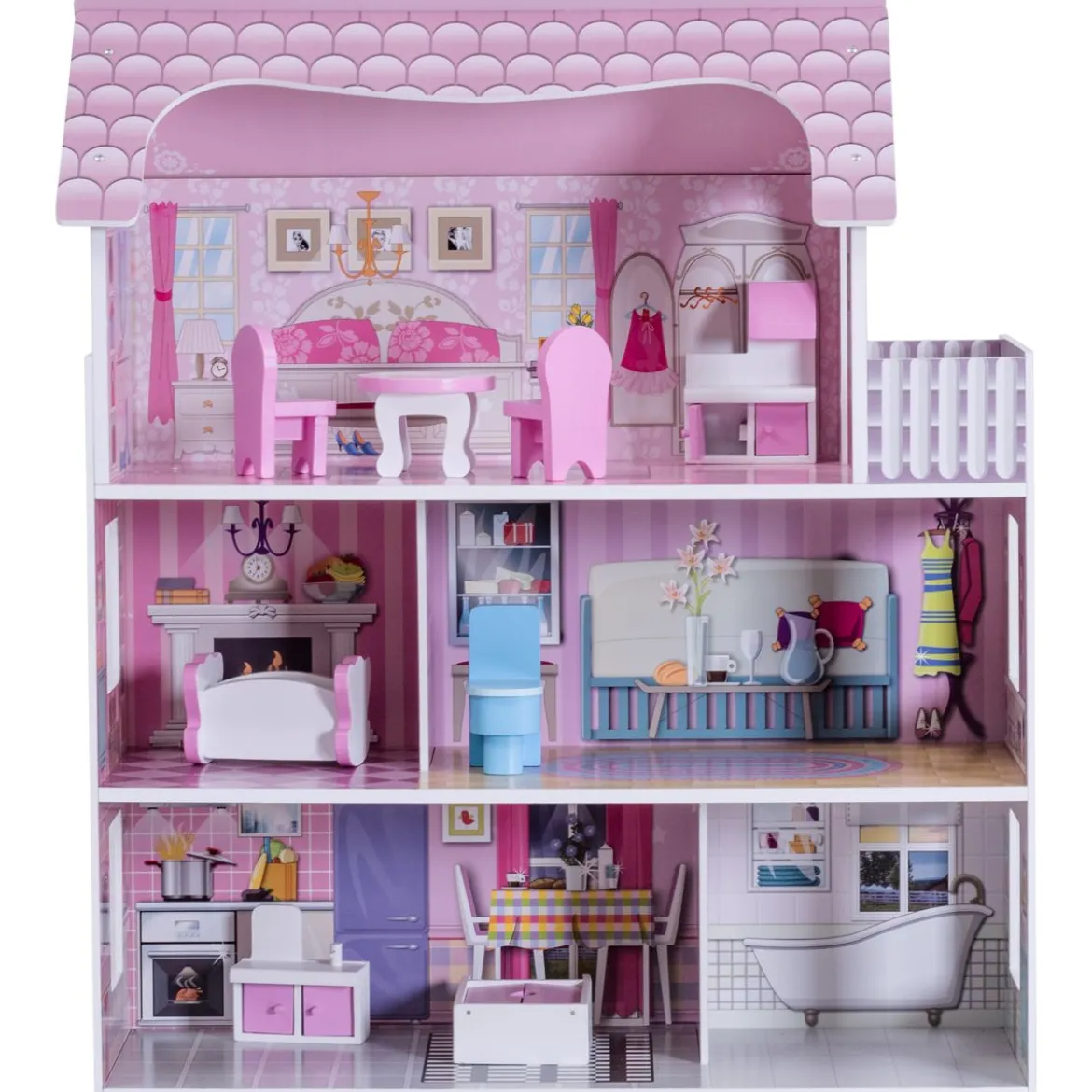 3 Etagen Puppenhaus aus Holz Puppenstube mit Möbeln & Zubehör Puppenvilla Mädchen Rosa