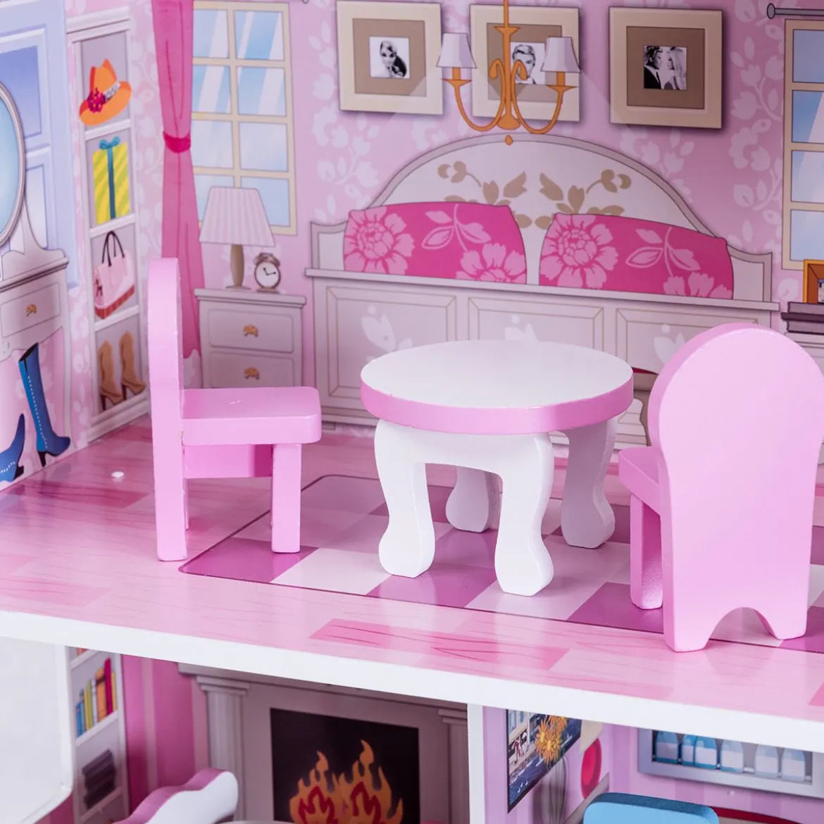 3 Etagen Puppenhaus aus Holz Puppenstube mit Möbeln & Zubehör Puppenvilla Mädchen Rosa